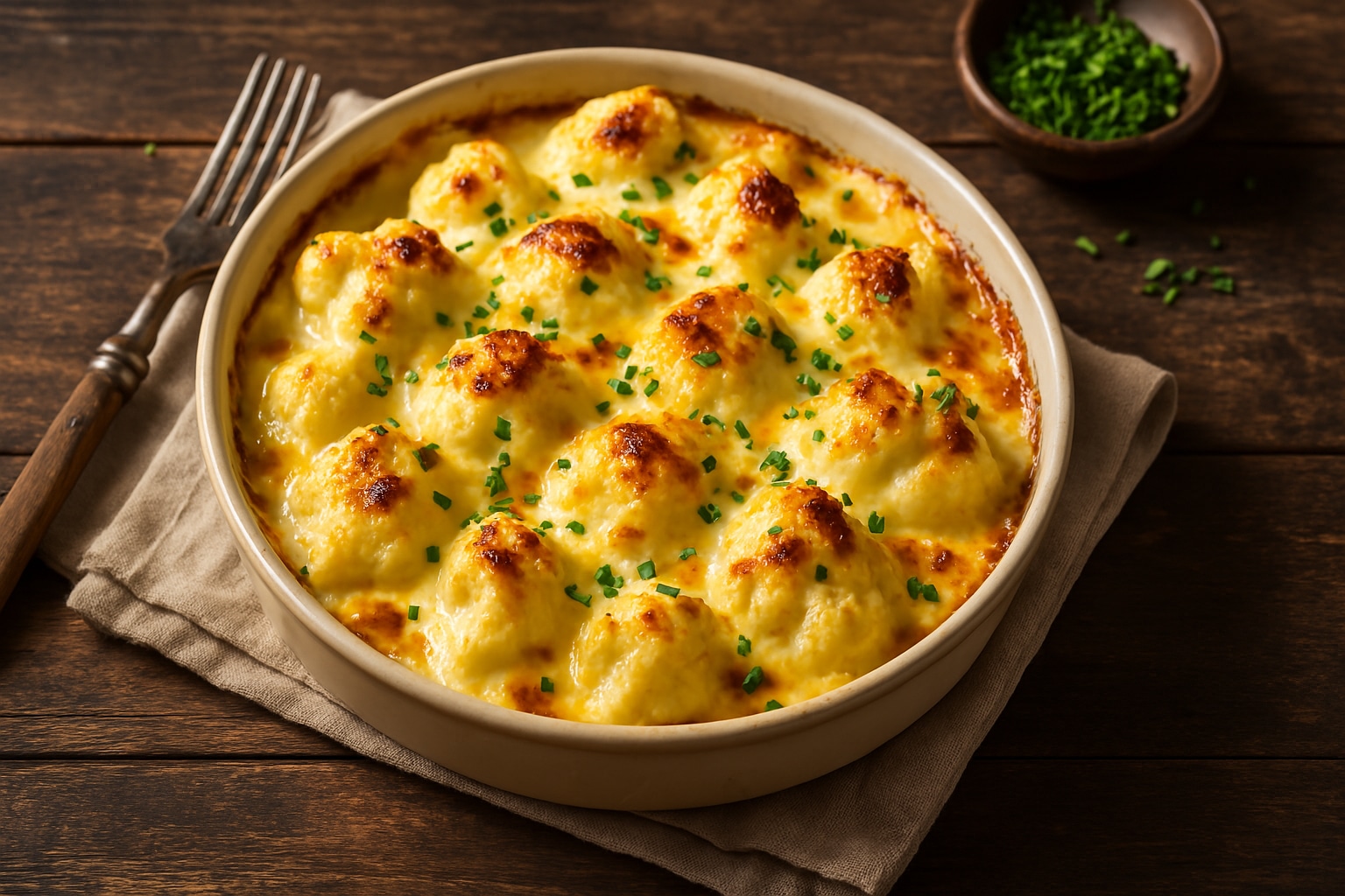 Cauliflower Cheese Bake on a rustic table