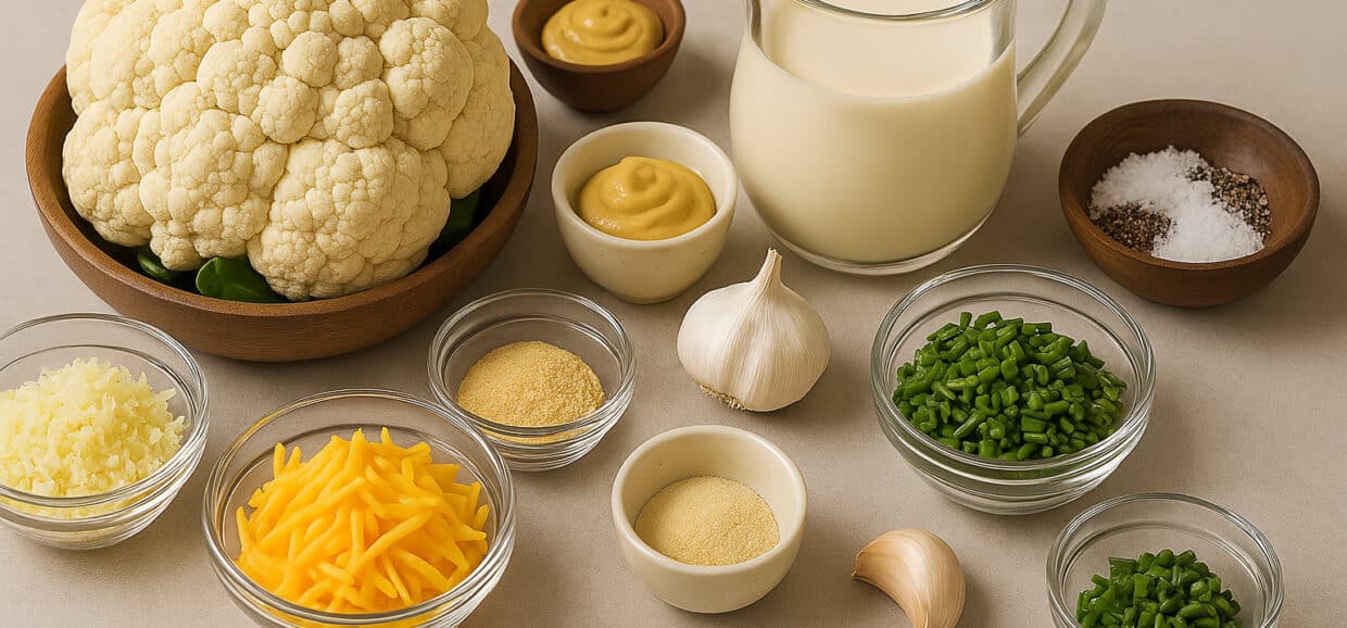 Cauliflower Cheese Bake ingredients on a kitchen countertop