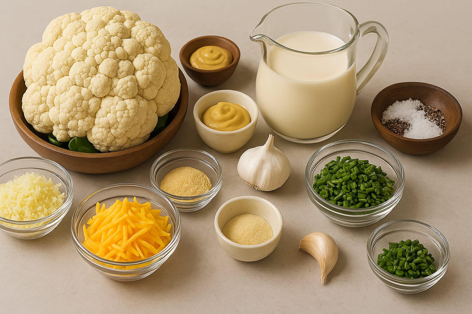 Cauliflower Cheese Bake ingredients on a kitchen countertop