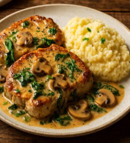 Creamy Garlic Butter Pork Chops with Spinach and Mushrooms