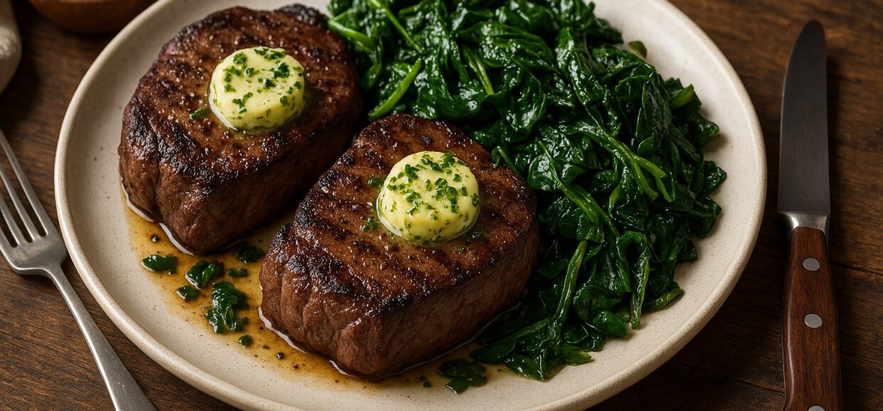 Keto-Venison-Steaks-with-Garlic-Herb-Butter-and-Sauteed-Greens-main-01