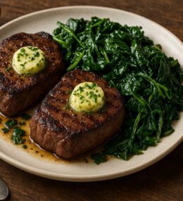 Keto Venison Steak with Garlic Herb Butter and Sautéed Greens
