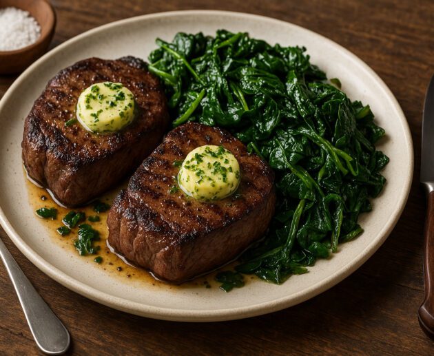 Keto-Venison-Steaks-with-Garlic-Herb-Butter-and-Sauteed-Greens-main-01