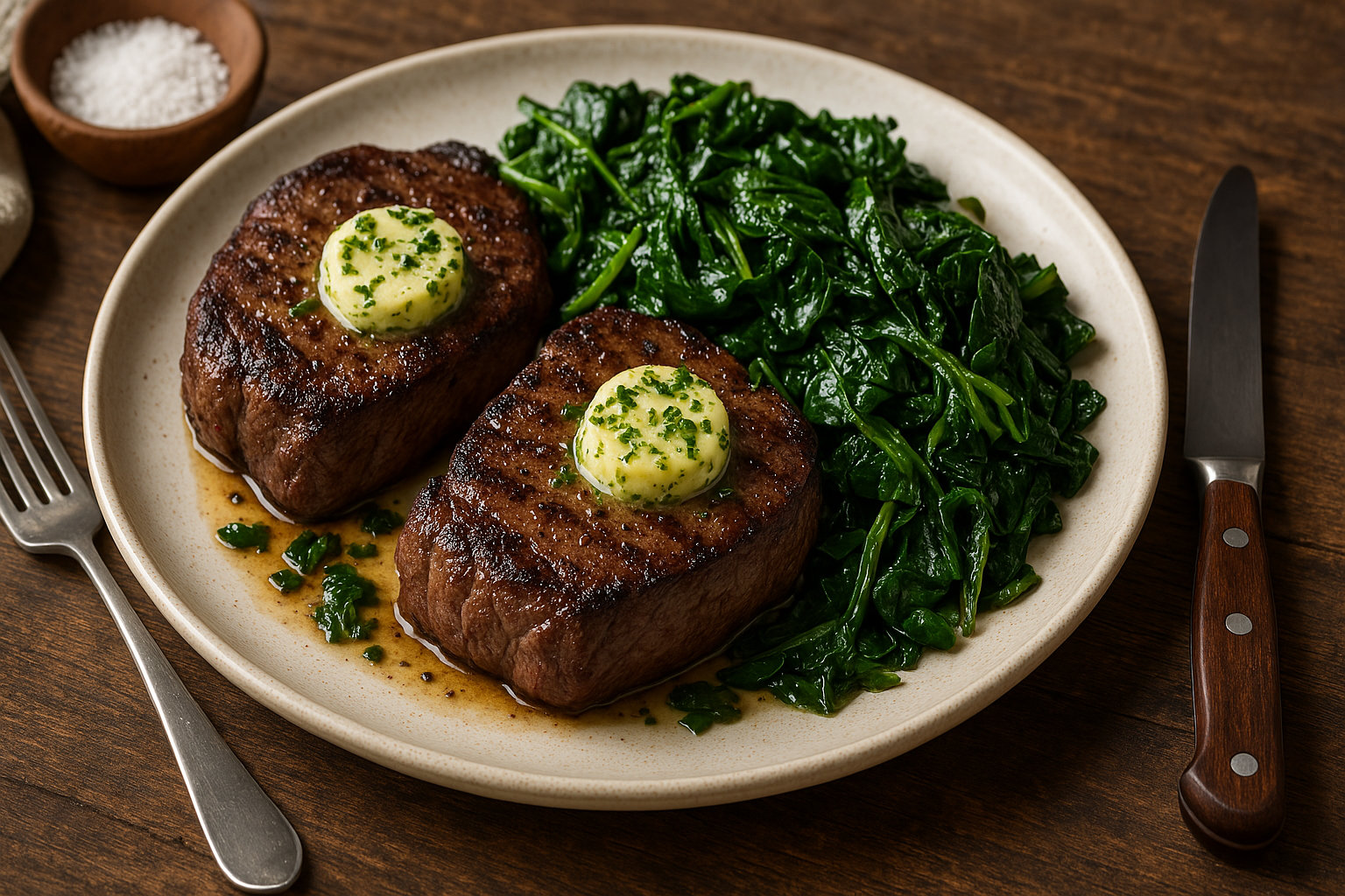 Keto-Venison-Steaks-with-Garlic-Herb-Butter-and-Sauteed-Greens-main-01